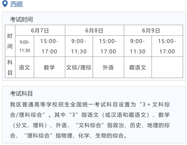 2023年西藏高考时辰支配,西藏高考时辰2023详细时辰表